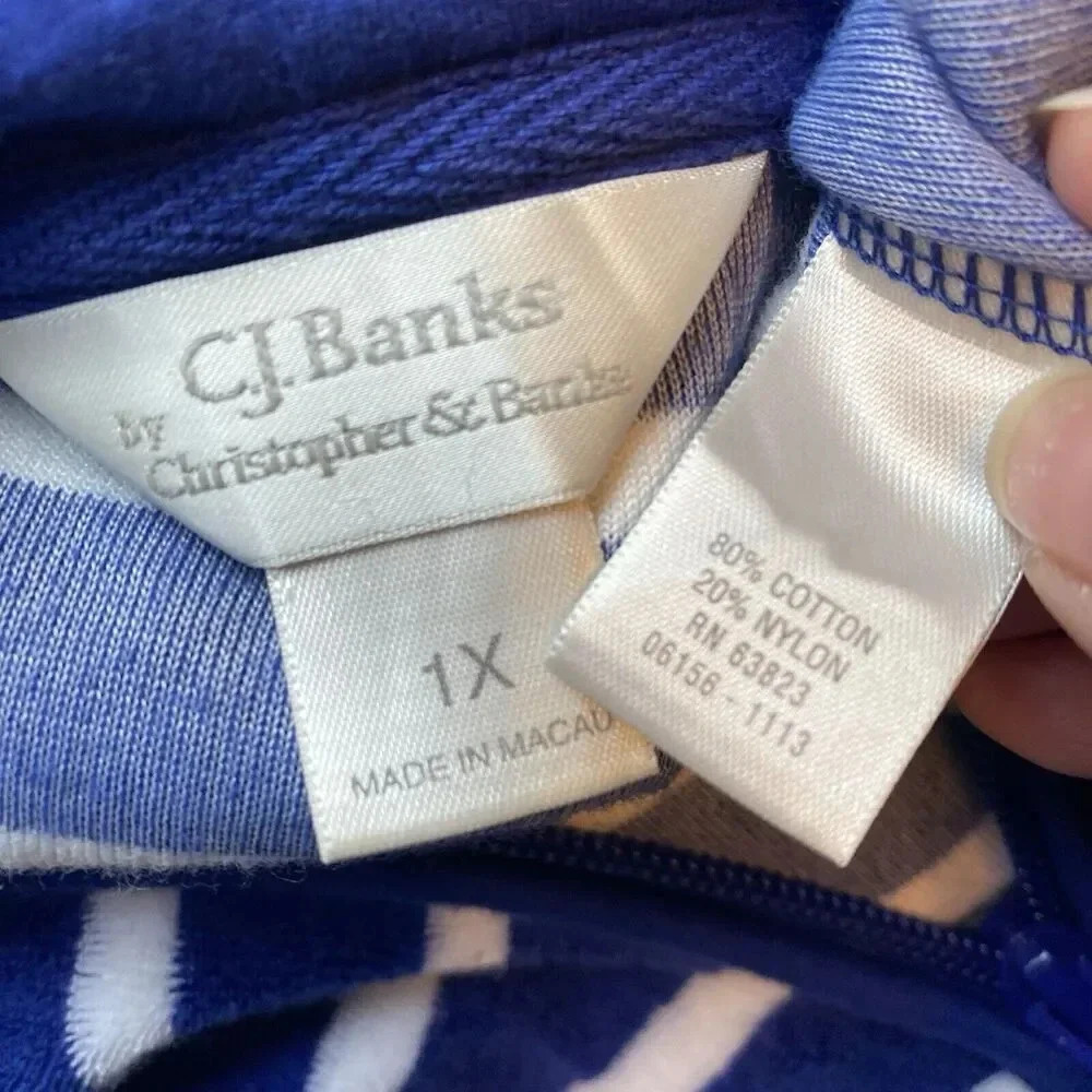 CJ Banks 1X Hoodie Sweater Jacket 1/4 Zip White Blue Striped Terry Cloth Comfort - Picture 4 of 8